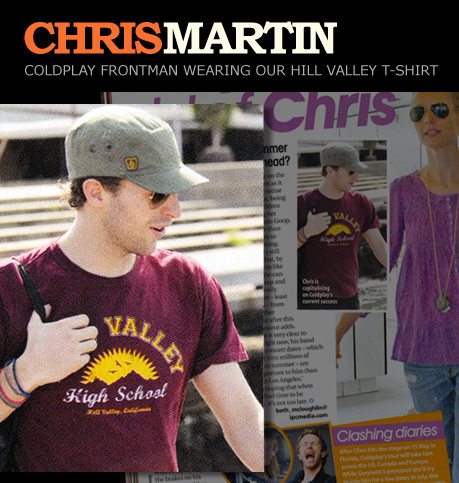 Chris Martin wears a Hill Valley High T-shirt