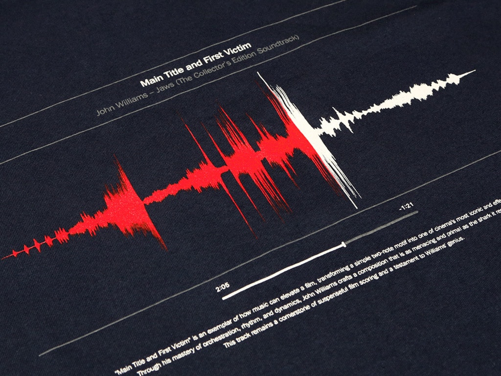 'MAIN TITLE AND FIRST VICTIM' - Jaws score waveform T-shirt